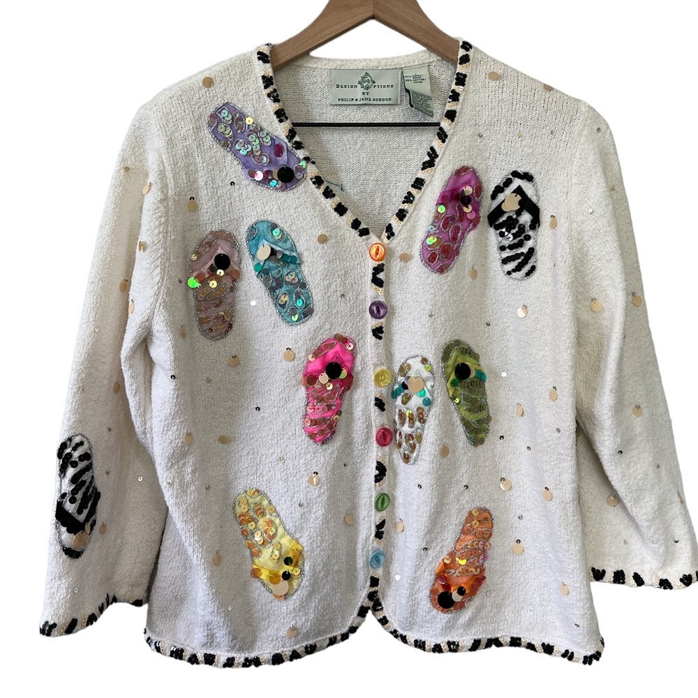 VTG Design Options Philip & Jane Gordon colorful cardigan sequins flip flops LG